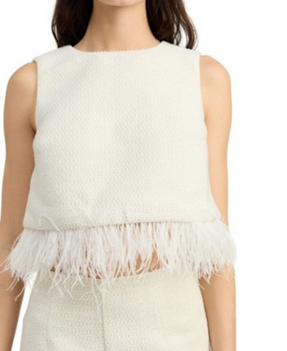 En Saison Arden Wool Blend Feather-Trim Top Women's L Ivory Gold Button Back